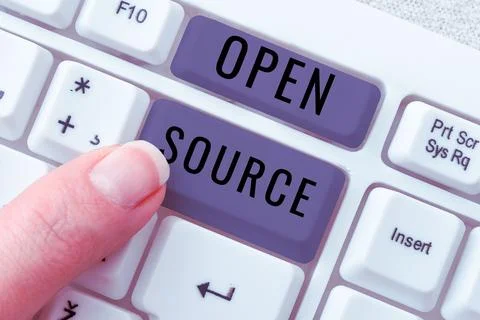 Conceptual caption Open Source. Concept meaning denoting software which original Foto stock