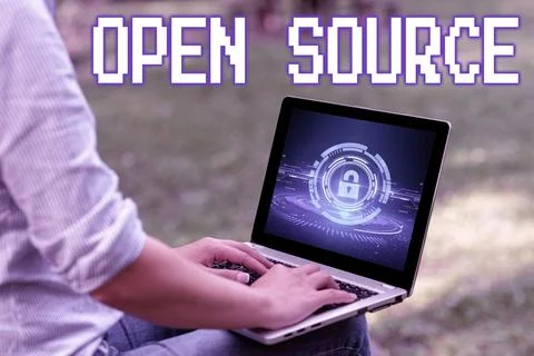 Conceptual caption Open Source. Word for contains the source code that can be Stock Photos