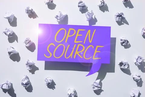Conceptual caption Open Source. Word for contains the source code that can be Stock Photos