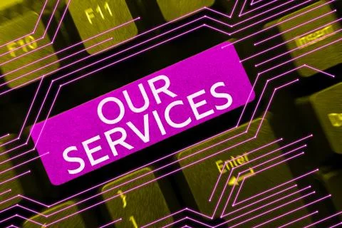 Conceptual caption Our Services. Concept meaning The occupation or function of 库存照片