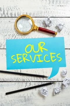 Conceptual caption Our Services. Word Written on The occupation or function of 库存照片