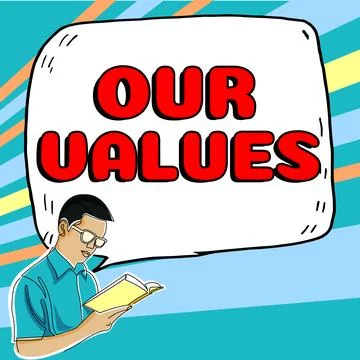 Conceptual caption Our Values. Business concept list of morals companies or Stock Illustration