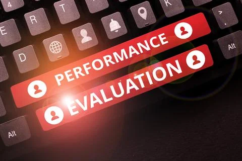 Conceptual caption Performance Evaluation. Business overview the development and Stock Photos