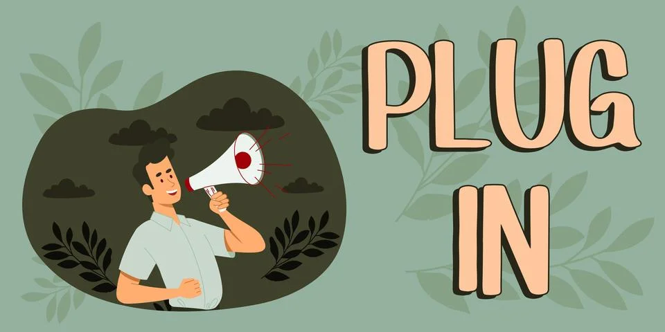 Conceptual caption Plug In. Internet Concept putting device into electricity to Stock Illustration