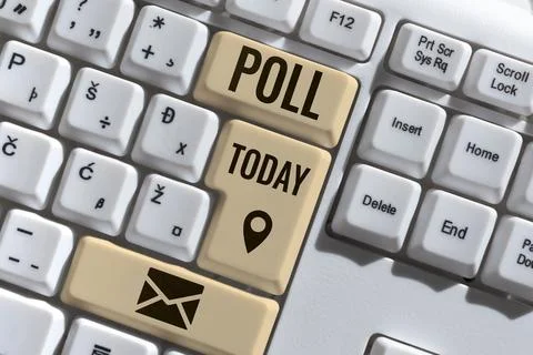 Conceptual caption Poll. Word Written on Record of the number of votes cast in Stock Photos