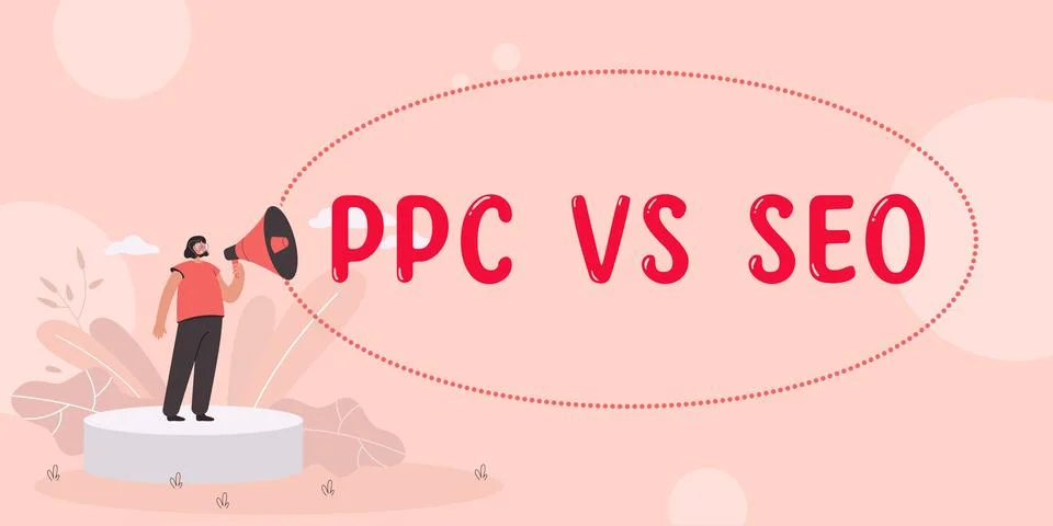 Conceptual caption Ppc Vs Seo. Business concept Pay per click against Search Stock Illustration