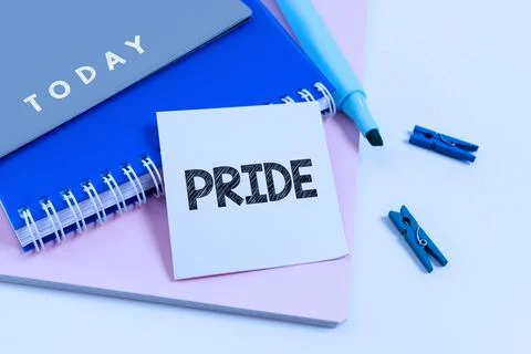 Conceptual caption Pride. Concept meaning feeling of deep pleasure satisfaction Stock Photos