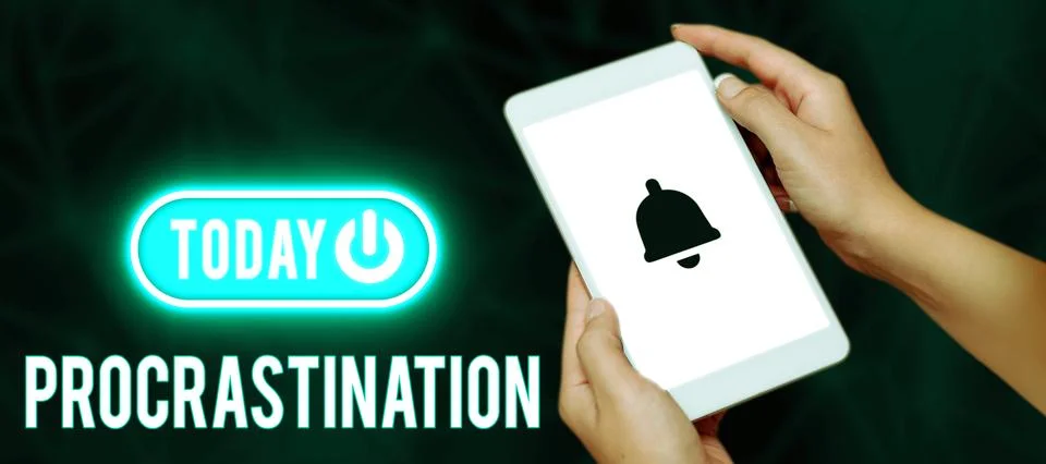 Conceptual caption Procrastination. Internet Concept Delay or Postpone something Stock Photos