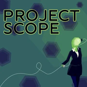 Conceptual caption Project Scope. Business overview evaluation of work efforts a Illustrazione stock