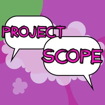 Conceptual caption Project Scope. Business approach evaluation of work efforts a Illustrazione stock
