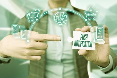 Conceptual caption Push Notification. Business overview automated message sent Stock Photos