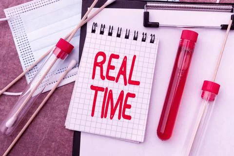 Conceptual caption Real Time. Word for the actual time during which a processes Stock Photos