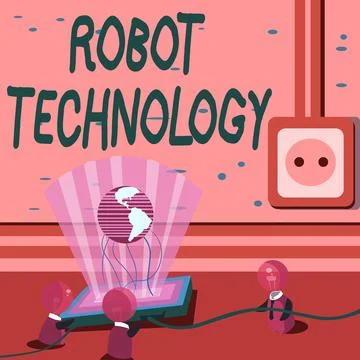 Conceptual caption Robot Technology. Word for develop machines that can Stock Illustration