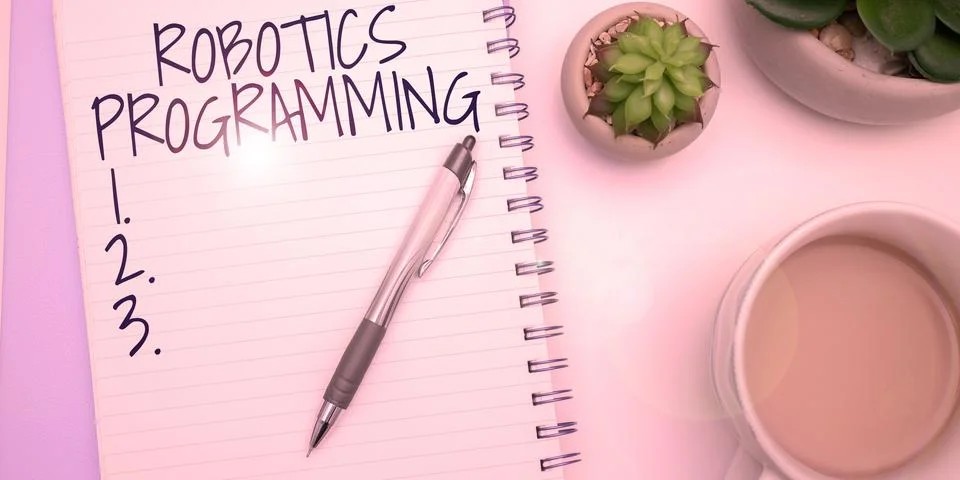 Conceptual caption Robotics Programming. Word for software that used to perform Stock Photos