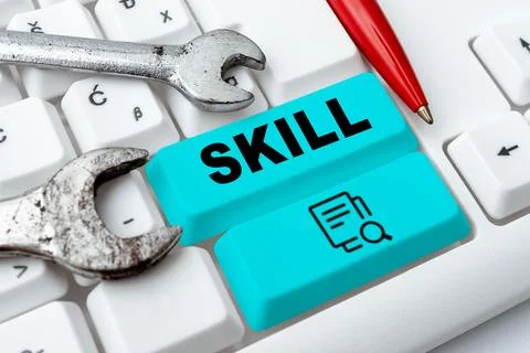 Conceptual caption Skill. Concept meaning ability to use one's knowledge Stock Photos