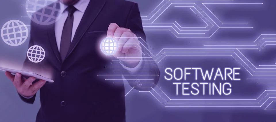 Conceptual caption Software Testing. Word for activity to check whether the Stock Photos