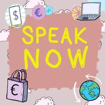 Conceptual caption Speak Now. Concept meaning Communicate to us your feelings Stock Illustration