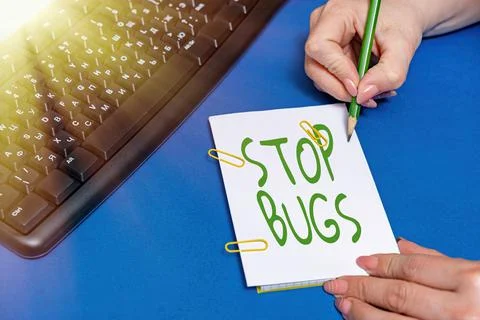 Conceptual caption Stop Bugs. Word Written on Get rid an insect or similar small Stock Photos