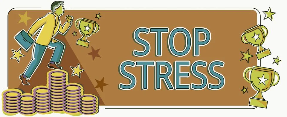 Conceptual caption Stop Stress. Internet Concept Seek help Take medicines Spend Illustrazione stock