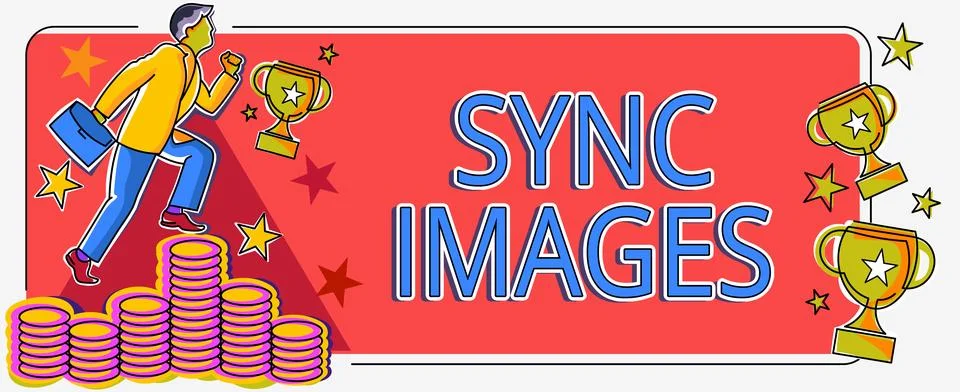 Conceptual caption Sync Images. Concept meaning Making photos identical in all Illustrazione stock