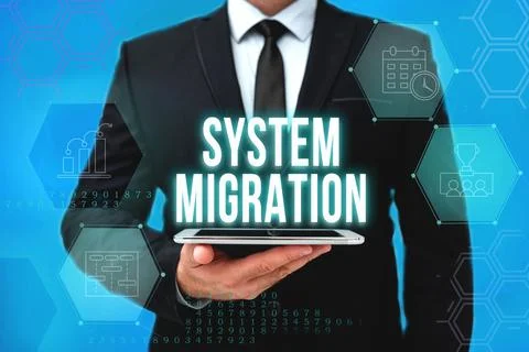 Conceptual caption System Migration. Business showcase moving from the use of 写真素材