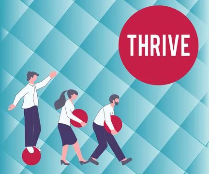 Conceptual caption Thrive. Word for Think positively Continue to prosper and Stock Illustration