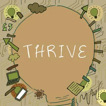 Conceptual caption Thrive. Word for Think positively Continue to prosper and Stock Illustration