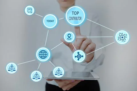 Conceptual caption Top Contributor. Word for person who is knowledgeable in a Stock Photos