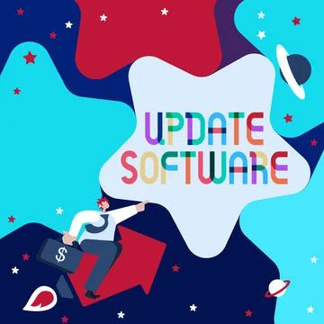 Conceptual caption Update Software. Business overview replacing program with a 库存插图