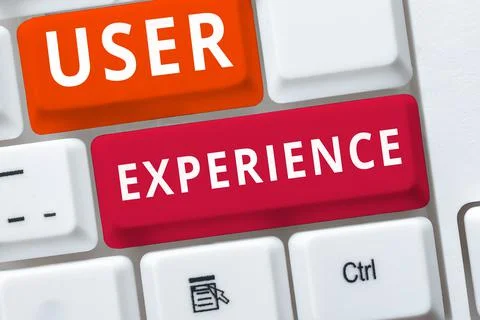 Conceptual caption User Experience. Conceptual photo how a person reacts and Stock Photos