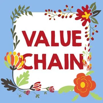 Conceptual caption Value Chain. Internet Concept Business manufacturing process Stock Illustration