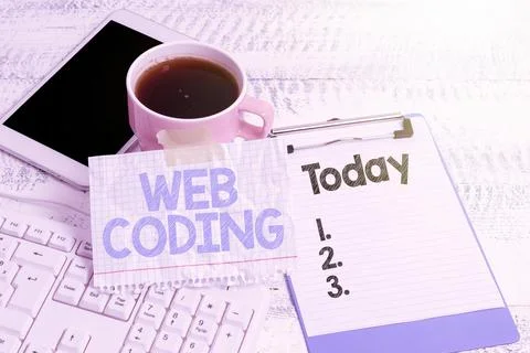 Conceptual caption Web Coding. Word Written on work involved in developing a web 스톡 사진