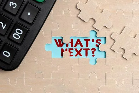 Conceptual caption What S Next Question. Business concept asking person about Foto stock