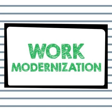 Conceptual caption Work Modernization. Business overview changing product Illustrazione stock