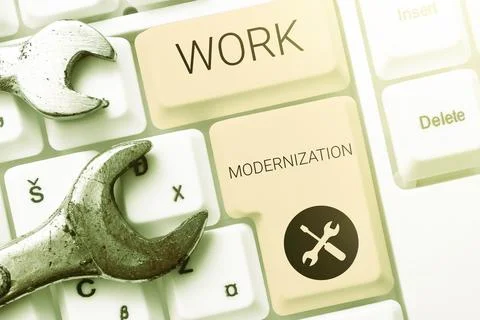 Conceptual caption Work Modernization. Business concept changing product service Stockfoto's