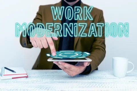 Conceptual caption Work Modernization. Business overview changing product Stock Photos