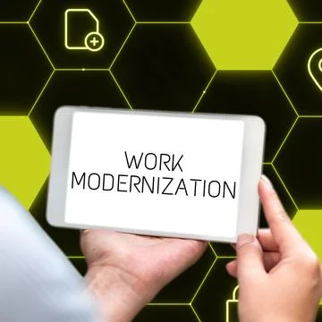 Conceptual caption Work Modernization. Business concept changing product service Stock Photos