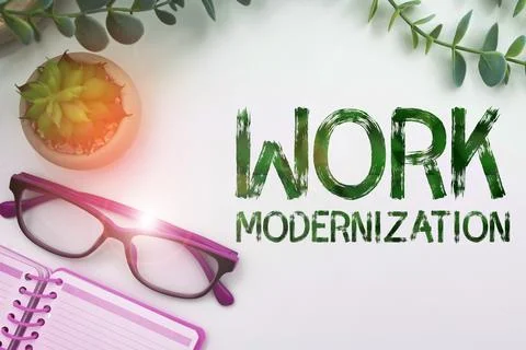 Conceptual caption Work Modernization. Business showcase changing product Stockfoto's