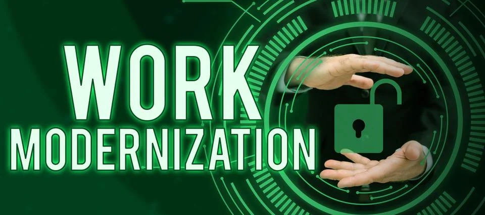 Conceptual caption Work Modernization. Word Written on changing product service Stock Photos