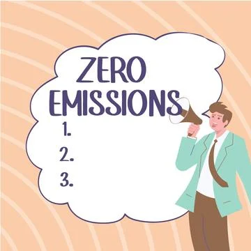 Conceptual caption Zero Emissions. Word for emits no waste products that pollute Illustrazione stock