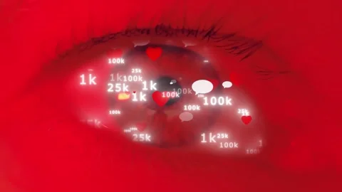Conceptual close-up animation of a human eye reflecting glowing social media Stock Footage 340911776