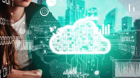 Conceptual cloud computing and data storage technology for future innovation Foto stock