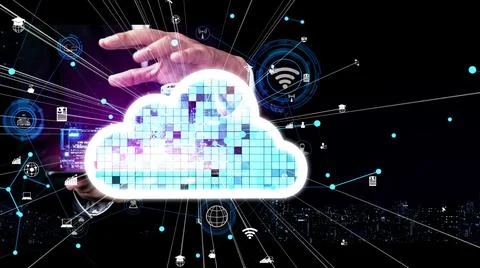 Conceptual cloud computing and data storage technology for future innovation Foto stock