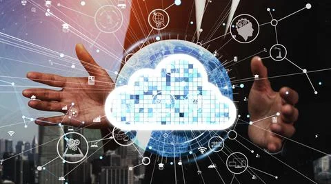 Conceptual cloud computing and data storage technology for future innovation Stockfoto's