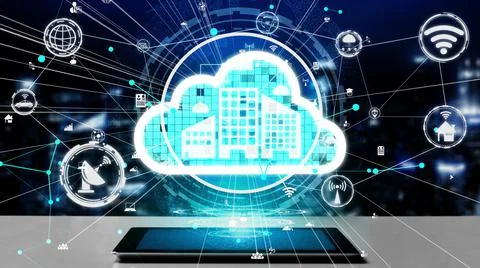 Conceptual cloud computing and data storage technology for future innovation Stock Photos