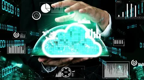 Conceptual cloud computing and data storage technology for future innovation Foto stock