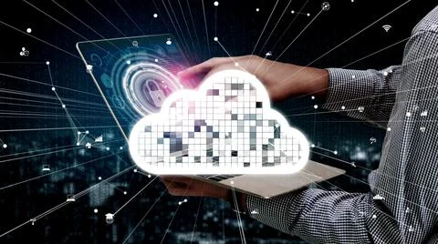 Conceptual cloud computing and data storage technology for future innovation Foto stock