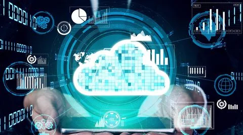 Conceptual cloud computing and data storage technology for future innovation Foto stock