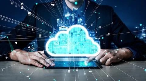 Conceptual cloud computing and data storage technology for future innovation Foto stock