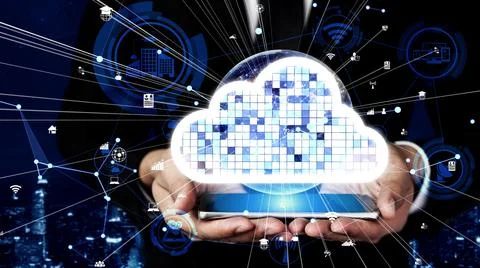 Conceptual cloud computing and data storage technology for future innovation Stockfoto's